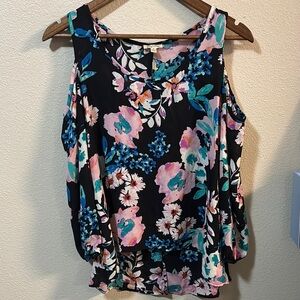 Lily White Floral Cold Shoulder Blouse - Black, Pink, and Blue